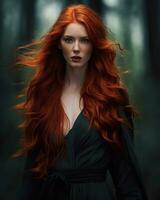 AI generated Beautiful redhead girl with long curly hair in a dark forest. ai generative photo