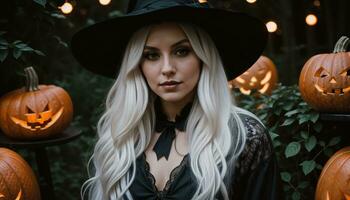 AI generated Beautiful young woman in black dress and hat on the background of Halloween pumpkins. ai generative photo