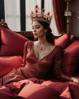AI generated fashion interior photo of beautiful sensual woman with dark hair in luxurious dress and crown posing in bed. ai generative. ai generative