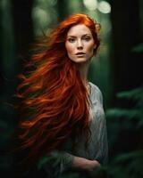 AI generated Beautiful redhead girl with long curly hair in a dark forest. ai generative photo