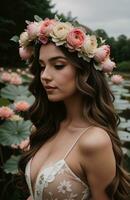 ai generado hermosa joven mujer con flores en pelo mirando a cámara aislado en gris. ai generativo foto