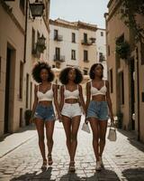 ai generado grupo de joven hermosa africano americano mujer en pantalones pantalones cortos caminando en el ciudad. ai generativo foto