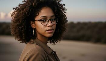 AI generated Portrait of a beautiful young african american woman in eyeglasses outdoors. ai generative photo