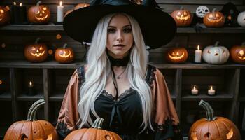 AI generated Beautiful young woman in black dress and hat on the background of Halloween pumpkins. ai generative photo