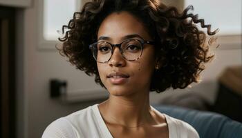 AI generated Portrait of a beautiful young african american woman in eyeglasses outdoors. ai generative photo