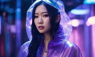 AI generated beautiful asian woman in purple raincoat walking in the city. ai generative photo