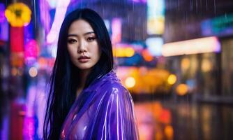 AI generated beautiful asian woman in purple raincoat walking in the city. ai generative photo