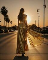 AI generated Beautiful young woman in a long yellow dress walking on the street at sunset. ai generative photo