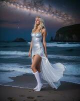 AI generated Beautiful blonde woman in white dress on the beach at night. ai generative photo