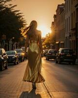 AI generated Beautiful young woman in a long yellow dress walking on the street at sunset. ai generative photo