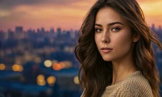 AI generated Portrait of a beautiful young woman in the city at sunset. ai generative photo