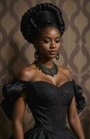 AI generated Beautiful african american woman wearing black dress and jewellery. ai generative. ai generative photo