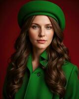 AI generated Portrait of a beautiful young woman in green coat and red hat. ai generative. ai generative photo