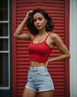 ai generado hermosa joven morena mujer en un rojo Deportes parte superior y polainas posando ai generativo foto