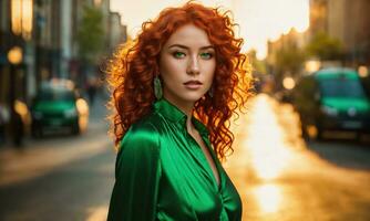 ai generado hermosa joven mujer con rojo Rizado pelo en un verde vestir en el ciudad a noche. ai generativo foto