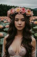 AI generated beautiful young woman with flowers in hair looking at camera isolated on grey. ai generative photo