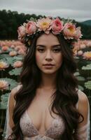 ai generado hermosa joven mujer con flores en pelo mirando a cámara aislado en gris. ai generativo foto