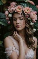 AI generated beautiful young woman with flowers in hair looking at camera isolated on grey. ai generative photo