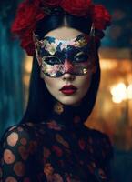 AI generated Fashion shot of a beautiful woman in a carnival mask. ai generative. ai generative photo