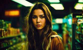 ai generado hermosa joven mujer compras en un tienda de comestibles almacenar, mirando para alimento. ai generativo foto