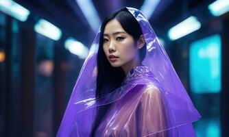 AI generated beautiful asian woman in purple raincoat walking in the city. ai generative photo