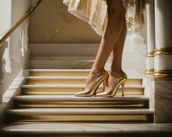 AI generated Female legs in golden high-heeled shoes on the stairs. ai generative photo