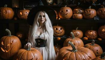 AI generated Beautiful young woman in black dress and hat on the background of Halloween pumpkins. ai generative photo