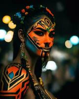 AI generated Portrait of a beautiful young woman with face art. Colorful make up. ai generative photo