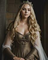 AI generated beautiful women in medieval dresses posing in front of a castle. ai generative photo