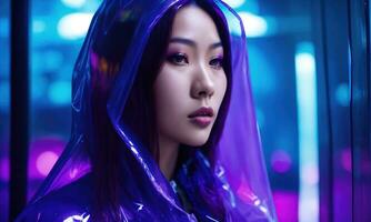 AI generated beautiful asian woman in purple raincoat walking in the city. ai generative photo