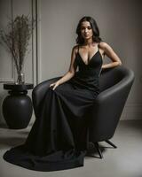 AI generated Beautiful young woman in a black dress sitting on a chair. ai generative photo