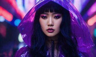AI generated beautiful asian woman in purple raincoat walking in the city. ai generative photo