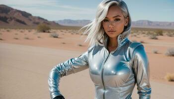 AI generated blonde woman in silver latex costume posing in the desert. ai generative photo