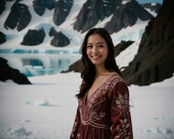 AI generated Portrait of a young woman smiling at camera in front of icebergs. ai generative photo