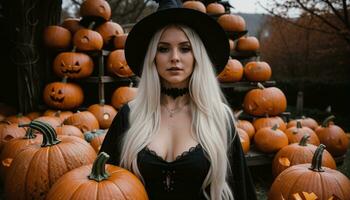 AI generated Beautiful young woman in black dress and hat on the background of Halloween pumpkins. ai generative photo