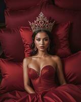 AI generated fashion interior photo of beautiful sensual woman with dark hair in luxurious dress and crown posing in bed. ai generative. ai generative