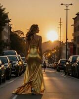 AI generated Beautiful young woman in a long yellow dress walking on the street at sunset. ai generative photo