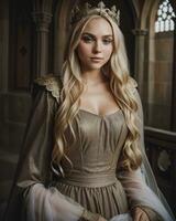 AI generated beautiful women in medieval dresses posing in front of a castle. ai generative photo