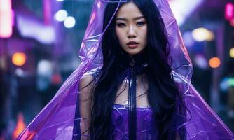 AI generated beautiful asian woman in purple raincoat walking in the city. ai generative photo