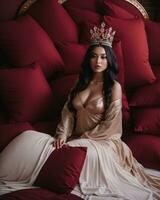 AI generated fashion interior photo of beautiful sensual woman with dark hair in luxurious dress and crown posing in bed. ai generative. ai generative