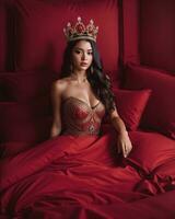 AI generated Beautiful girl in a red dress with a crown on her head. ai generative photo