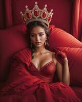 AI generated fashion interior photo of beautiful sensual woman with dark hair in luxurious dress and crown posing in bed. ai generative. ai generative