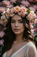 ai generado hermosa joven mujer con flores en pelo mirando a cámara aislado en gris. ai generativo foto