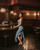 AI generated Beautiful young woman in evening dress posing in a bar. Luxury lifestyle. ai generative photo