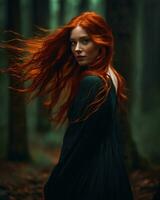 AI generated Beautiful redhead girl with long curly hair in a dark forest. ai generative photo