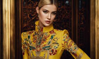 AI generated a beautiful brunette woman in a luxury dress. ai generative photo