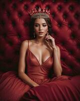 AI generated fashion interior photo of beautiful sensual woman with dark hair in luxurious dress and crown posing in bed. ai generative. ai generative