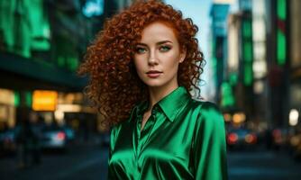 AI generated Beautiful young woman with red curly hair in a green dress in the city at night. ai generative photo
