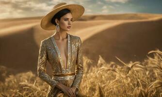 AI generated a beautiful brunette woman in a luxury dress. ai generative photo