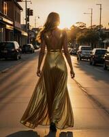 AI generated Beautiful young woman in a long yellow dress walking on the street at sunset. ai generative photo